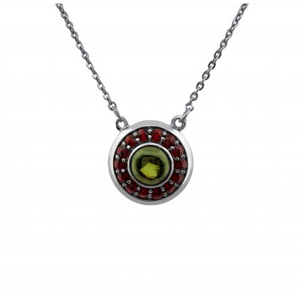 Stříbrný náhrdelník s vltavínem a granáty P48 0017