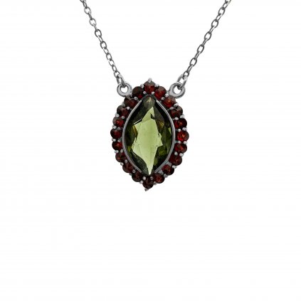 Stříbrný náhrdelník s vltavínem a granáty P2000326520006
