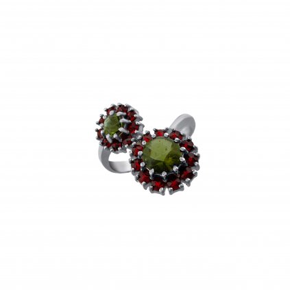 Moldavite ring in silver with garnets P2000289200007