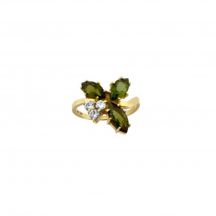 Zlatý prsten s vltavíny a zirkony Trojlístek P2000327610003