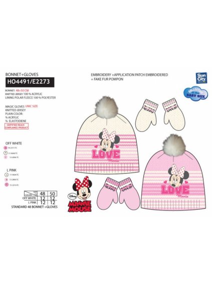 Set čepice zimní rukavice minnie mouse kojenecké dívčí (48-50) SUN CITY HO4491 tmavě růžová 48