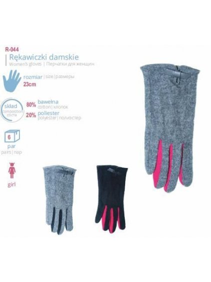 Rukavice prstové zimní dorost dívčí až dámské (23 CM)YO! R-044 (Barva šedo-růžová, Velikost 23 CM)