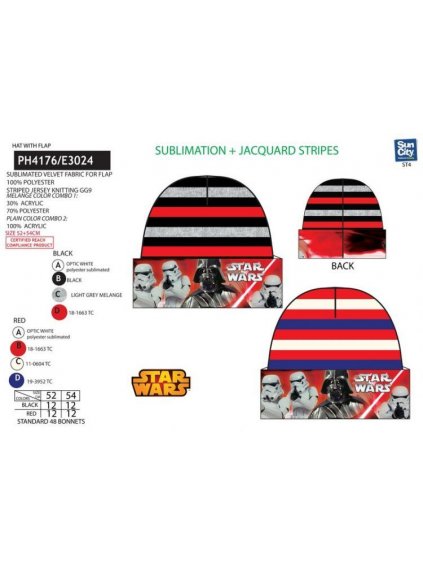 Čepice zimní star wars dětská chlapecká (52-54 ) SUN CITY PH4176 (Barva černá, Velikost 54 cm)