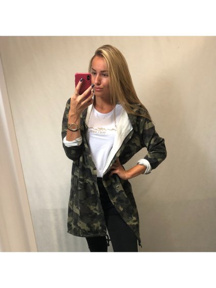 Cardigan bavlněný s kapucí dámský maskač (uni s/m/l) ITALSKá MóDA IM520044/DR (Velikost S/M/L, Barva maskáčová)