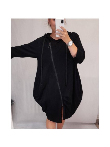 Mikina prodloužená s kapucí na zip dlouhý rukáv dámská (L/XL ONE SIZE) ITALSKÁ MÓDA IMD21958/DR (Velikost S/M/L, Barva Černá)