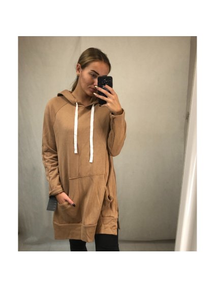 Mikina oversize bavlněná dlouhý rukáv s kapucí dámská (S/M ONE SIZE) ITALSKÁ MÓDA IMWK21064/DR (Velikost S/M/L, Barva hnědá camel)