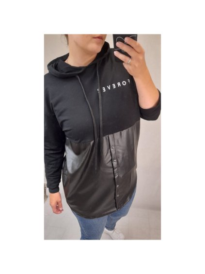 Mikina oversize balvněná dlouhý rukáv s kapucí dámská koženka (XL/2XL ONE SIZE) ITALSKÁ MÓDA IMW21047/DR (Velikost XL/2XL, Barva Černá)