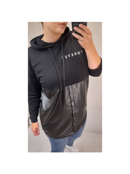 Mikina oversize balvněná dlouhý rukáv s kapucí dámská koženka (XL/2XL ONE SIZE) ITALSKÁ MÓDA IMW21047/DR (Velikost XL/2XL, Barva Černá)