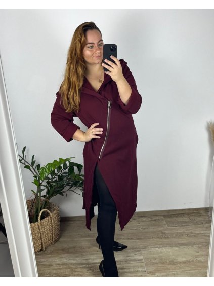 Mikina prodloužená na zip alá cardigan dámská nadrozměr  (48/50/52 ONE SIZE) ITALSKá MóDA IM521205/DUR (Velikost S/M/L, Barva červená)