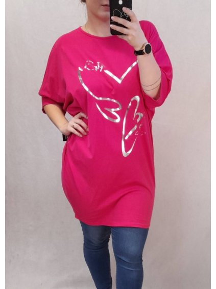 Tunika prodloužená oversize krátký rukáv dámská nadrozměr (2XL/3XL ONE SIZE) ITALSKÁ MÓDA IM422353 (Velikost 2XL/3XL, Barva růžová)