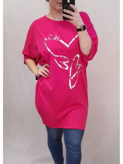 Tunika prodloužená oversize krátký rukáv dámská nadrozměr (2XL/3XL ONE SIZE) ITALSKÁ MÓDA IM422353 (Velikost 2XL/3XL, Barva růžová)