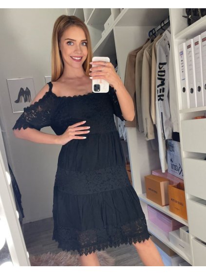 Šaty letní krajkové krátký rukáv dámské (S/M ONE SIZE) ITALSKÁ MÓDA IMM21738/DR (Velikost S/M/L, Barva světle modrá)