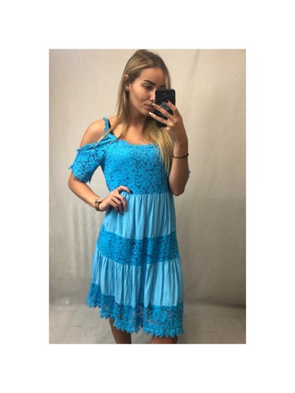 Šaty letní krajkové krátký rukáv dámské (S/M ONE SIZE) ITALSKÁ MÓDA IMM21738/DR (Velikost S/M/L, Barva světle modrá)