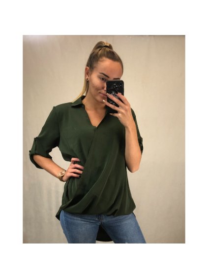 Košile/halenka 3/4 rukáv dámská oversize (S/M ONE SIZE) ITALSKá MóDA IMM21103/DR (Velikost S/M/L, Barva zelená khaki)