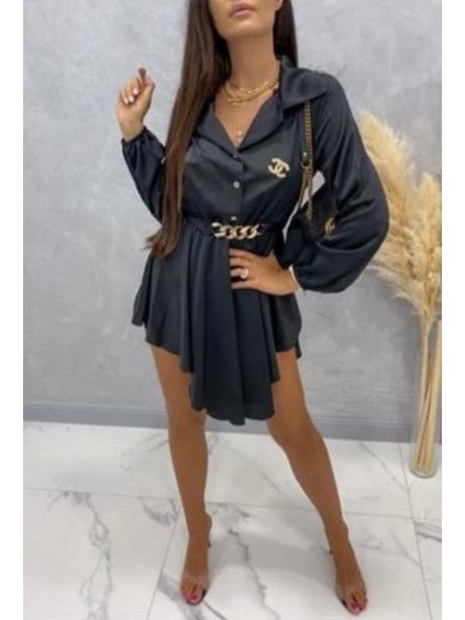 Šaty košilové elegantní saten s páskem dlouhý rukáv dámské (S/M ONE SIZE) ITALSKÁ MÓDA IMM22025 (Velikost S/M/L, Barva Černá)