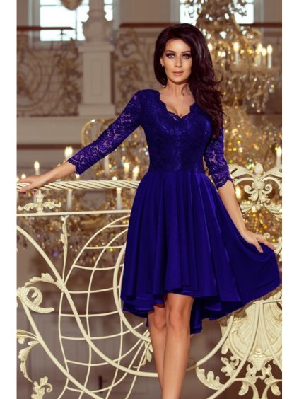 210-4 NICOLLE - šaty s delším hřbetem s krajkovým výstřihem - ROYAL BLUE NMC-210-4