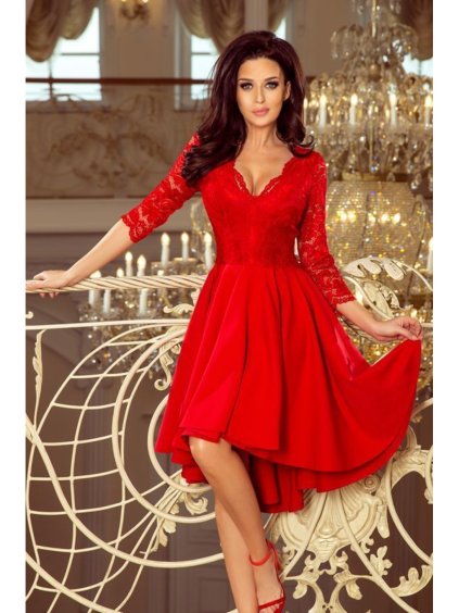210-6 NICOLLE - šaty s delším hřbetem s krajkovým výstřihem - červená
 NMC-210-6