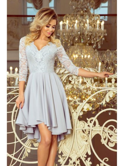 210-9 NICOLLE - šaty s delším hřbetem s krajkovým výstřihem - šedá
 NMC-210-9 (Velikost S, Barva _barva viz foto)