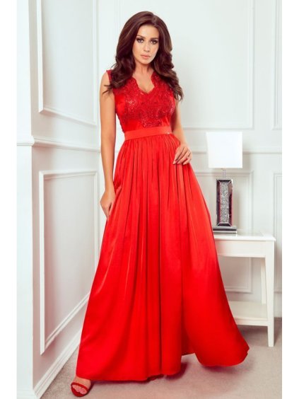 256-3 SALLY dlouhé šaty s vyšívaným výstřihem - červené
 NMC-256-3