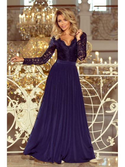 214-1 MADLEN dlouhé šaty s krajkovým výstřihem a dlouhými rukávy - tmavě modrá
 NMC-214-1