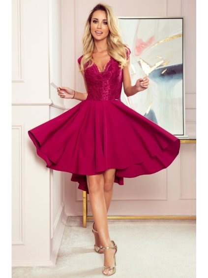 300-4 PATRICIA - dress with longer back with lace neckline - Burgundy color NMC-300-4