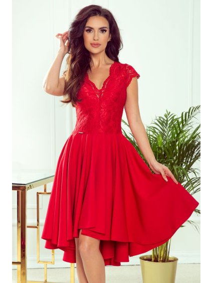 300-2 PATRICIA - dress with longer back with lace neckline - Red NMC-300-2 (Velikost S, Barva _barva viz foto)