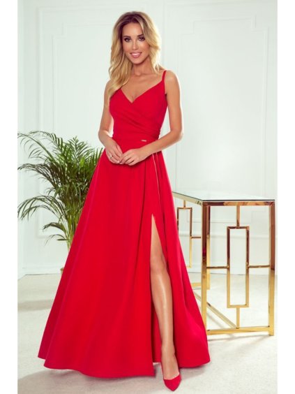 299-1 CHIARA elegantní maxi šaty s popruhy - červené