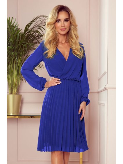 313-3 ISABELLE Pleated dress with neckline and long sleeve - Royal Blue (Velikost XS, Barva _barva viz foto)