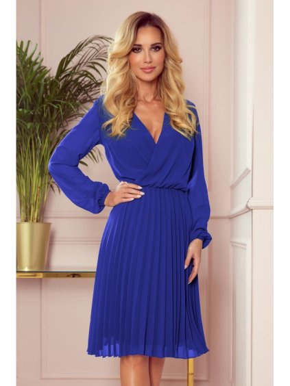 313-3 ISABELLE Pleated dress with neckline and long sleeve - Royal Blue