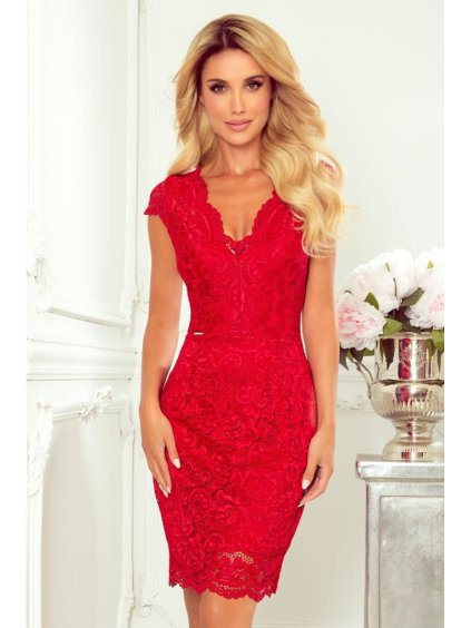 316-1 Lace dress with neckline - red (Velikost S, Barva _barva viz foto)