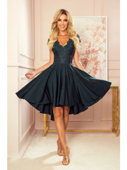 300-5 PATRICIA - dress with longer back with lace neckline - green color (Velikost S, Barva _barva viz foto)
