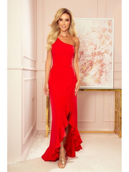317-1 One shoulder long dress - red (Velikost XS, Barva _barva viz foto)