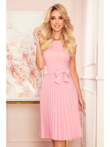 311-7 LILA Pleated dress with short sleeves - powder pink (Velikost XS, Barva _barva viz foto)