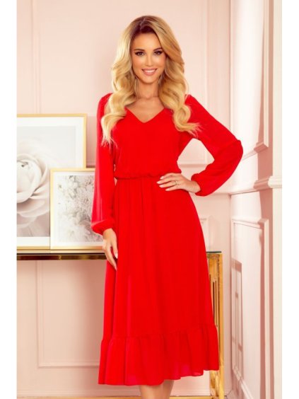 304-3 Šifónové midi šaty s výstřihem a límcem - Červené (Velikost S, Barva _barva viz foto)
