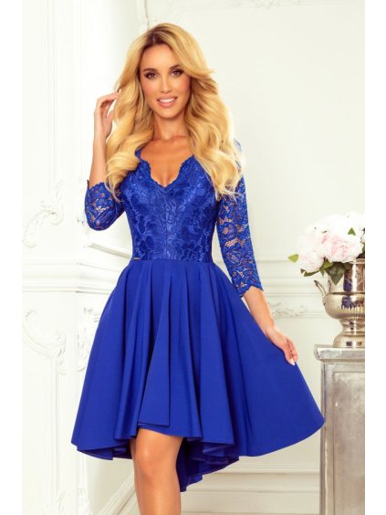 210-12 NICOLLE - šaty s delší zádí s krajkovým výstřihem - CLASSIC BLUE (Velikost S, Barva _barva viz foto)