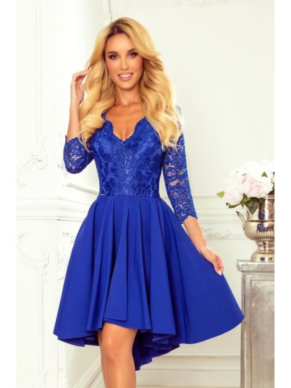 210-12 NICOLLE - šaty s delší zádí s krajkovým výstřihem - CLASSIC BLUE