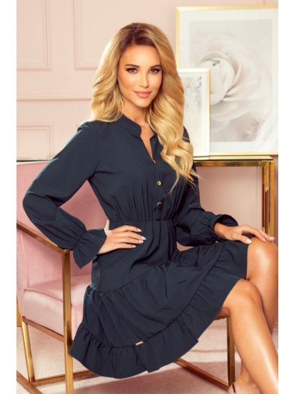 332-1 Zelené šaty s volánky a zlatými knoflíky (Velikost S, Barva _barva viz foto)