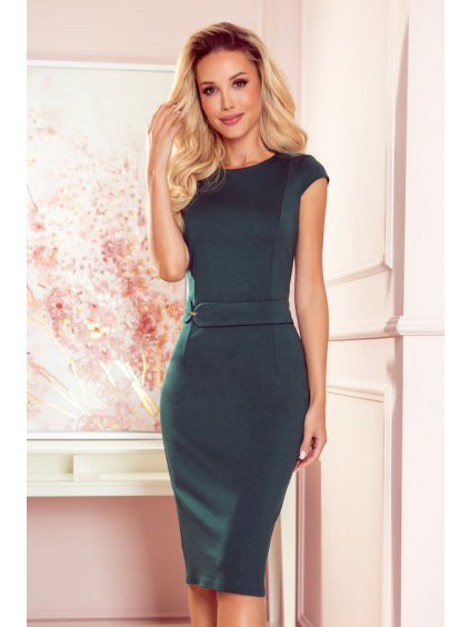 301-3 TAMARA Elegant midi dress with belt - green (Velikost S, Barva _barva viz foto)