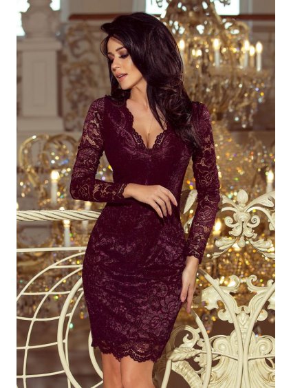 170-10 Lace dress with long sleeves and a neckline - dark plum (Velikost S, Barva _barva viz foto)