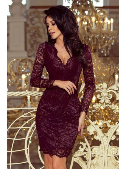 170-10 Lace dress with long sleeves and a neckline - dark plum