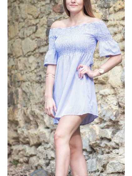 Šaty carmen letní krátké dámské proužek s odhalenými ramenami (uni s / m) ITALSKÁ MÓDA IM920120/DR (Barva světle modrá)