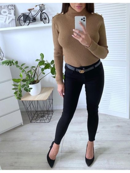 Svetr pletený s rolákem dlouhý rukáv dámský (UNI S/M) ITALSKÁ MÓDA IMWG20146/DR (Velikost S/M/L, Barva tmavě béžová)