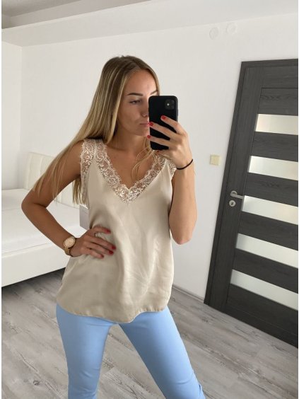 Tílko letní saténové s krajkou dámské (S/M ONE SIZE) ITALSKÁ MÓDA IMWD212087 (Velikost S/M/L, Barva béžová)