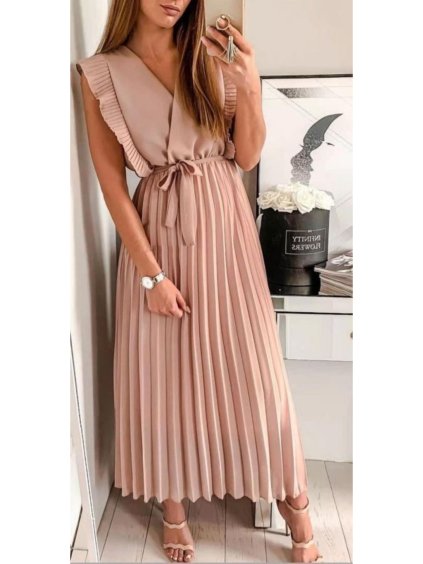 Šaty dlouhé letní šifonové bez rukávů dámské (S/M ONE SIZE) ITALSKÁ MÓDA IMWD212369 (Velikost S/M/L, Barva béžová)