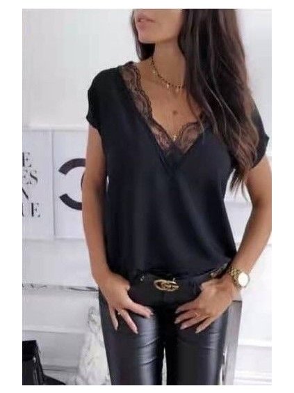 Tričko saténové krátký rukáv s krajkou dámské (S/M ONE SIZE) ITALSKÁ MÓDA IMWD21843/DR (Velikost S/M/L, Barva Černá)