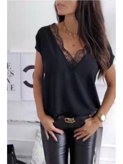 Tričko saténové krátký rukáv s krajkou dámské (S/M ONE SIZE) ITALSKÁ MÓDA IMWD21843/DR (Velikost S/M/L, Barva Černá)