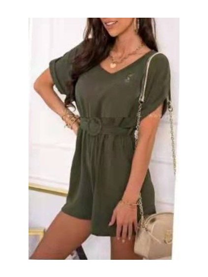 Overal krátký letní s páskem krátký rukáv dámský (S/M ONE SIZE) ITALSKÁ MÓDA IMWY21661/DR (Velikost S/M/L, Barva zelená)
