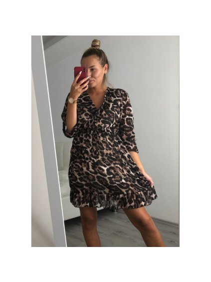 Šaty elegantní leopard dlouhý rukáv dámské (S/M one size) ITALSKÁ MÓDA IMWA21JANOV/DR (Velikost S/M/L, Barva hnědá leopard)