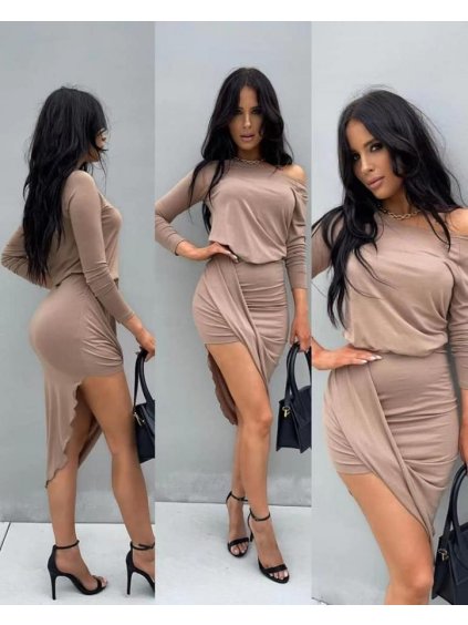 Šaty  dlouhý rukáv dámské (S/M ONE SIZE) ITALSKÁ MÓDA IMWE21SILVIA/DR (Velikost S/M/L, Barva béžová)