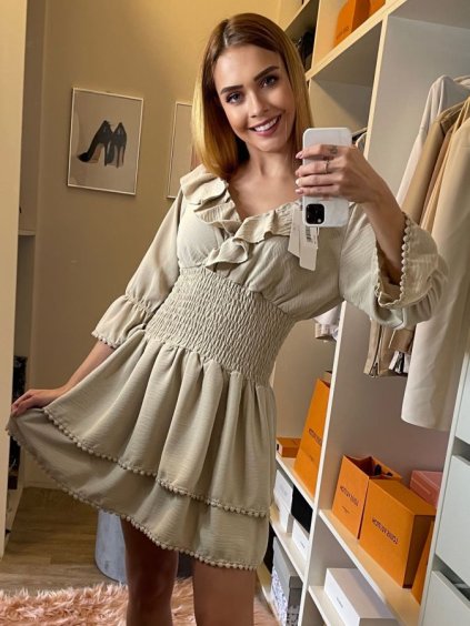 Šaty letní carmen přes ramena dlouhý rukáv dámské (S/M ONE SIZE) ITALSKÁ MÓDA IMWK21306B/DR (Velikost S/M/L, Barva béžová)
